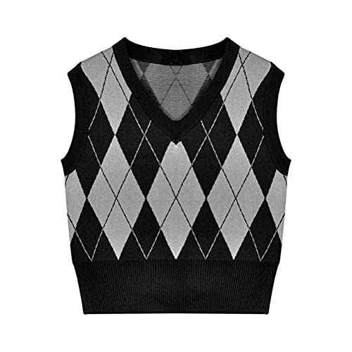 Boxwizard Argyle Sweater Colete feminino vintage xadrez tricotado urbano estilo preppy gola V malha