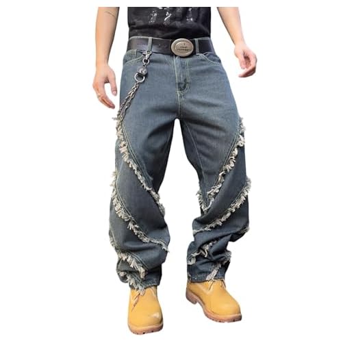 DFGIGT Calça jeans masculina folgada com franjas, bordas desgastadas, patchwork, perna larga, jeans y2k, hip hop, skater jeans, Azul retrô A12, XGG