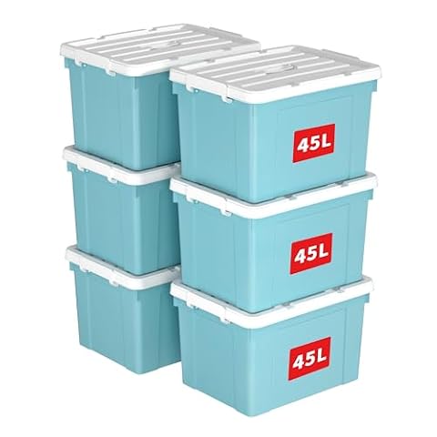 Cetomo 45 x 6 pudełek do przechowywania, plastikowe pudełko do przechowywania z pokrywkami, pojemnik organizacyjny z uchwytem i bezpiecznymi klamrami zatrzaskowymi, można układać w stos, można układać