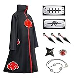Alaiyaky Akatsuki Mantel für Erwachsener Cosplay Kostüm,Anime Ninja Itachi Umhang 5 Zubehör mit Stirnband Ringe Halskette Kunai Shuriken für Halloween Weihnachten Cosplay (M, Erwachsener)