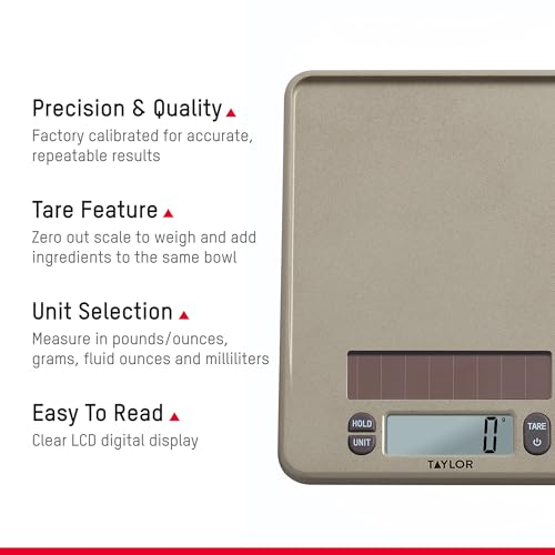Image of Taylor Light Powered Digital Kitchen Scale, Coffee Husk Blend Material, Solar Panel with Endless Power, No Batteries Needed, Energy-Saving, 11lb Capacity, Beige