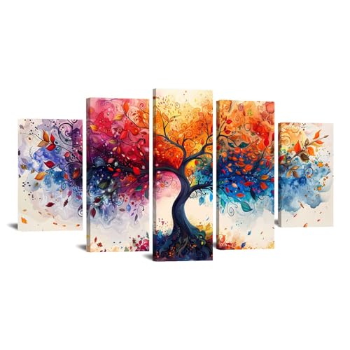 JOSUE 5 PièCes Arbre De Vie Decoration Arbre coloré Tableau Cuisine Decoration Murale Sur Toile,jaune, bleu Tableau Decoration Murale Salon Chambre- 80x150cm Encadrée