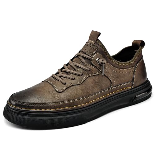 Mens Leather Fashion Oxford Sneaker Low Top Lace Up Round-Toe Casual Oxford Shoes Retro Comfortable Business Dress Invisible Height Increasing Non-Slip Softsole Walking Work Shoes
