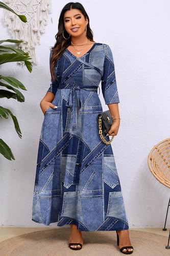 Image of Runwind Plus Size Dress for Women - 3 /4 Sleeve V Neck Maxi Dresses for Women (XL-6XL)