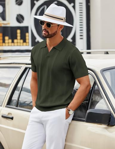 Image of COOFANDY Mens Knit Polo Shirts V Neck Textured Polo Shirts Short Sleeve Breathable Polo Casual Collared T Shirt Fashion Tops
