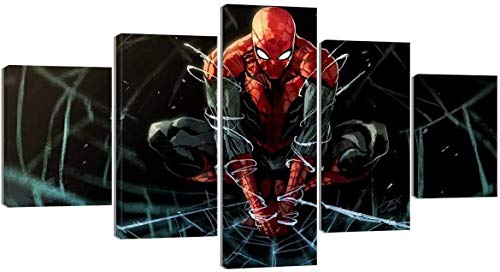 HDQ Art Framed Spiderman Wall Decor for Living Room Bedroom Spiderman Posters and Prints Modern Marvel Painting Spiderman Picture Ready to Hang 5 Piece (60''W x 32''H)