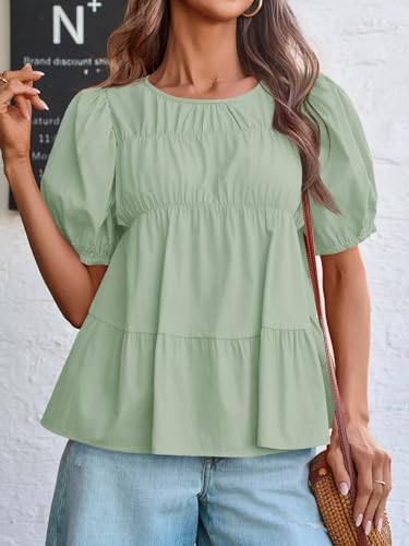 Image of Tankaneo Womens Puff Sleeve Peplum Babydoll Tops Summer Flowy Pleated Cotton T-Shirts Casual Loose Fit Cute Blouse
