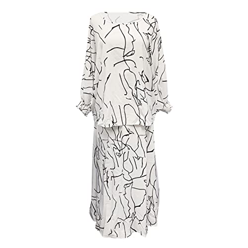 Bibokaoke Ruffle Thigh Highs Women Summer Loose Plus Size Printed Doll Sleeve Long Sleeve Top High Waist Plus Size Long White #TOP1