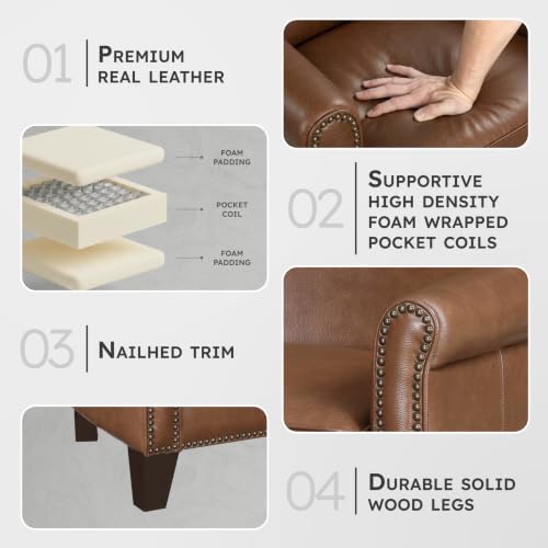 Lexicon Top Grain Genuine Leather Chair, Rolled Armrest, Brown by Lexicon - Image 2