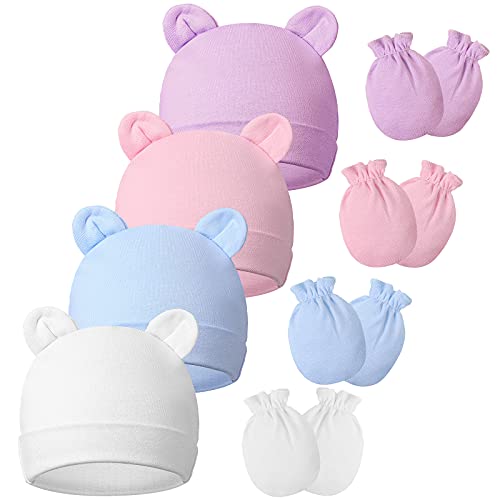 Image of 8 Pieces Newborn Baby Hats and Mittens Set Bear Ears Beanies No Scratch Mittens (White, Pink, Purple, Light Blue)
