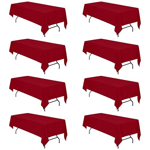 Image of BRILLMAX 8 Pack Burgundy Tablecloths 60 x 126 Inch for 8ft Rectangle Tables - 150 GSM Polyester Fabric, 15 inch Standard Drop, Water, Stain & Wrinkle Resistant Cloth Cover for Wedding Dining Buffet