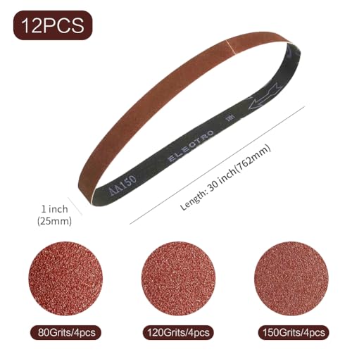 1x30 1 x 30 inch Sanding Belt Pack 1-Inch x 30-Inch,12 Pcs(4 Each of 80 120 150 Grits) Aluminum Oxide for Sander