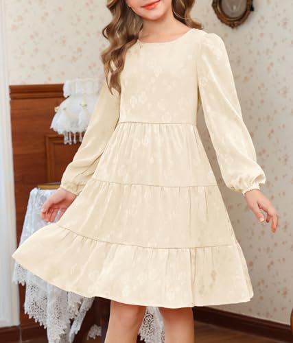 YOVION Girls Fall Long Sleeve Dress Ruffle Tiered A-Line Formal Wedding Party Dresses with Pockets for 12-13 Years Apricot — view 3