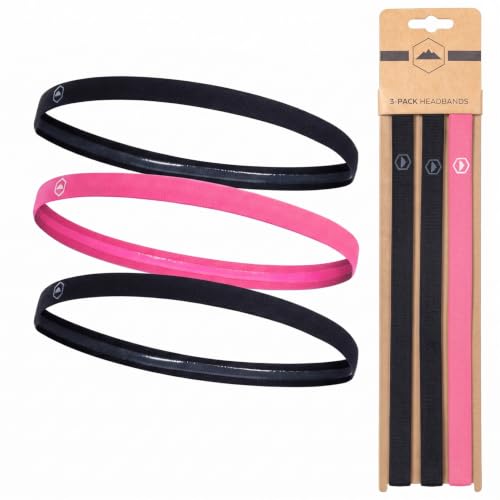 Tough Headwear Athletic Headband Set - Thin Headbands for Women - Elastic Sport Hair Bands Men - Skinny Sports Hairbands - Non Slip Athletic Head Bands for Sports - Black and Pink