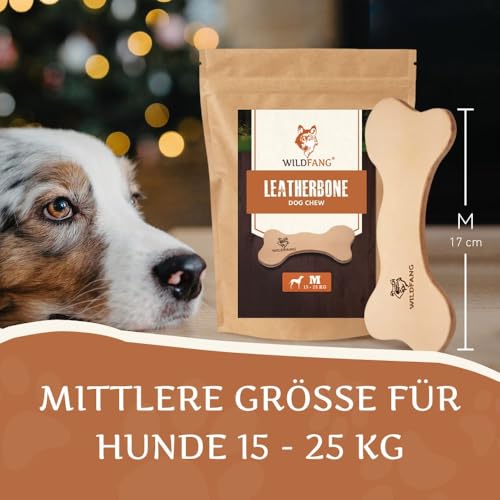 Wildfang® Leder Kauknochen Hund, Größe M – zahnpflege Hund, Hundespielzeug, kauspielzeug & kauknochen Welpen – für mittlere Hunde (10–15 kg), 1 Stück