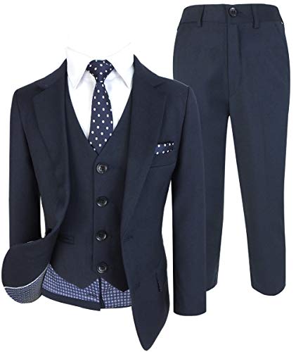 524 Polka-SLM-NVY HNK Cocktail Italian Design All in One Boys Suits 6 Piece Formal Wedding Complete Set in Navy Blue Size 10