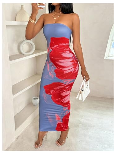 Image of GORGLITTER Women's Tropical Floral Y2K Strapless Bodycon Maxi Dress Summer Hawaiian Wedding Guest Cocktail Sun Dresses Blue Floral X-Small