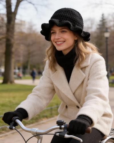 Image of Women Crochet Bucket Hat Cute Winter Ruffled Brim Floppy Cap Handmade Knit Cloche Hats