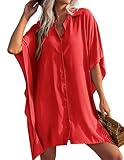 Ekouaer Women's Swimsuit Cover Ups Bathing Suit Cover Up Bikini Beachwear Swimwear Loose Oversized Beach Shirt,Red
