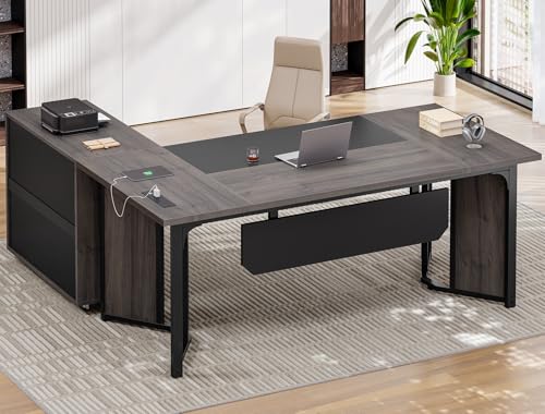 UPOSOJA 63' Executive Desk with Mobile File Cabinet, Large Office Desk with Drawer, Modern L Shaped Desk with Power Outlets, Storage Shelves, Corner Computer Desk Business Workstation Set (Grey)