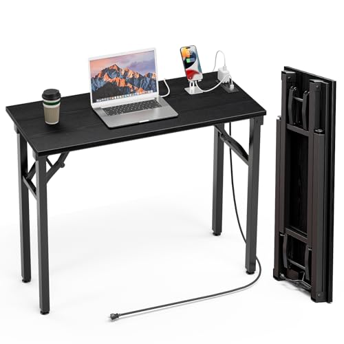 Image of TEMI Small Computer Desk Folding Table - No Assembly, Compact 35.8 inch Foldable Desk with Power Outlets & USB Charging Port, Portable Small Office Desk, Ideal Mini Study Table, Dark Oak