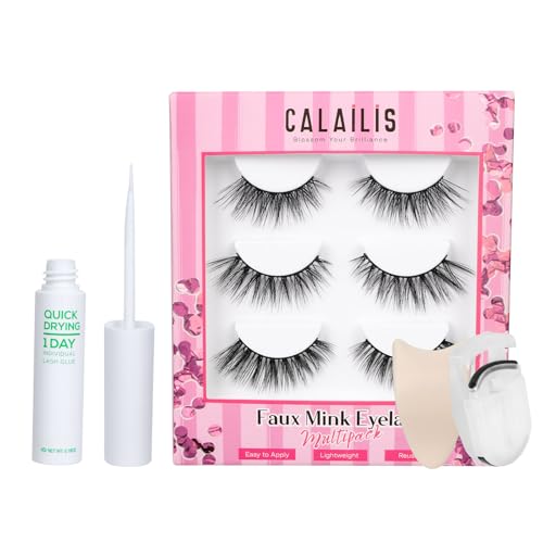 Image of CALAILIS False Eyelash, Eye Makeup Lash 3D Faux Mink Fake Eyelash Long Natural Eyelashes 3 Pairs with 5g False Eyelash Glue (CS28)