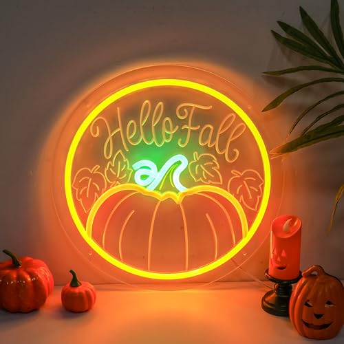 Hello Fall Neon Sign for Wall Decor Dimmable, Pumpkin LED