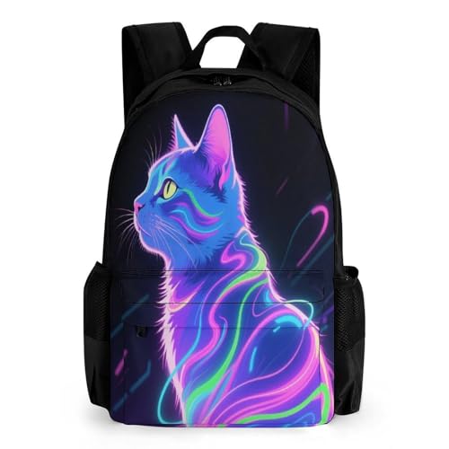 Supdreamc Backpack Multipurpose Anti-Theft Large Capacity Bookbag - Neon Line Cat Art Travel Hiking Daypack With Side Pockets