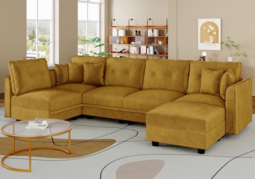 Image of LLappuil Modular Sectional Sleeper Sofa with Storage, U Shaped 6-Seat Corduroy Couch with 5 Throw Pillows, Convertible Sofa Set for Living Room & Small Space, Skin-Friendly & Soft, Yellow