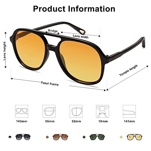Sojos Retro Square Polarized Aviator Sunglasses Womens Mens 70S Vintage Double Bridge Sun Glasses Sj2174, Black/Dark Yellow Tint #TOP3