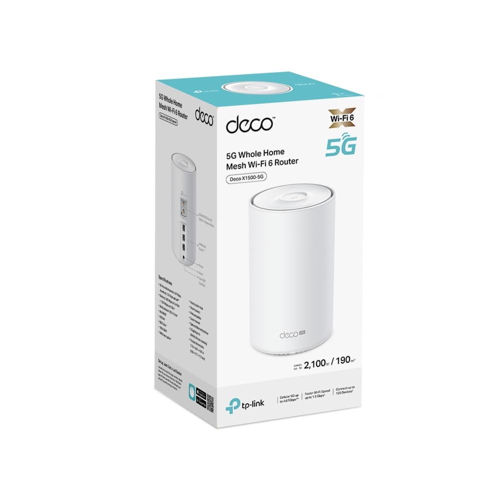 TP-Link Deco X1500-5G LTE Routeur Wi-Fi 6 AX1500, 5G jusqu'à 4,67 Gbit/s en téléchargement et téléchargement de 1,25 Gbit/s, 3 ports Gigabit, compatible Deco Mesh, géré uniquement par application, pas