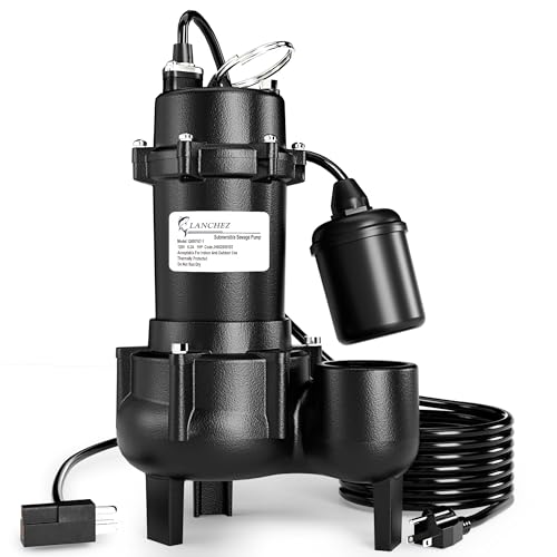 LANCHEZ 1HP 6600 GPH Submersible Sewage Pump, Heavy Duty Cast Iron Effluent Pump with Automatic Tethered Float Switch, Sump Pump for Sump Basin, Basement, Residential, 2' NPT Discharge