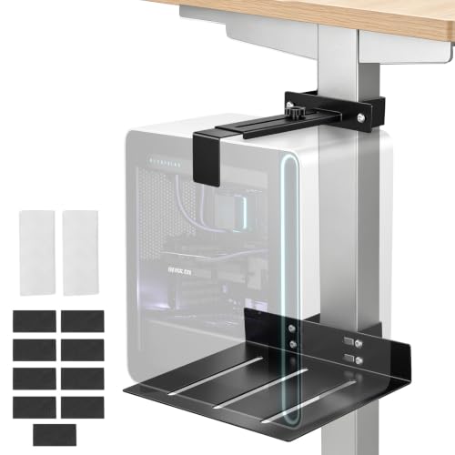 Soporte para CPU bajo escritorio sin perforación, capacidad de 40 lb, ajustable en altura y ancho, compatible con patas de escritorio de 80 mm × 50 mm, montaje tipo abrazadera con almohadillas antideslizantes, color negro