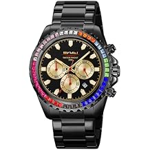 Mens Luxury Gold Watch Colored Diamonds Stainless Steel Waterproof Date Quartz Movement Bold Sports Fashion Accessory for Men