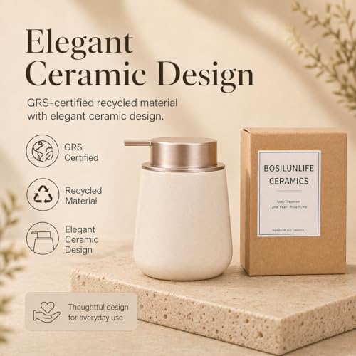 Image of Bosilunlife Hand Soap Dispenser - 12oz Ceramic Soap Dispenser Bathroom Refillable Liquid Soap Pump Dispenser for Bathroom Kitchen Dispenser for Dish Soap with Easy-to-Press Pump