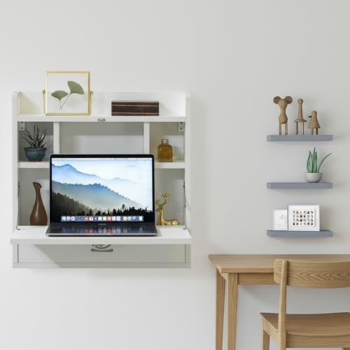 Bureau mural rabattable blanc gain de place avec tiroir et rangements