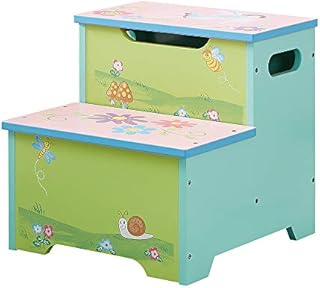 Children's Step Stools Wooden | Kids Step Stool with Storage | Double Step Stools for Toddlers Nursery Boys Girls Toilet Training Kitchen Helper Non-Slip Portable & Lightweight (Pink Cyan)