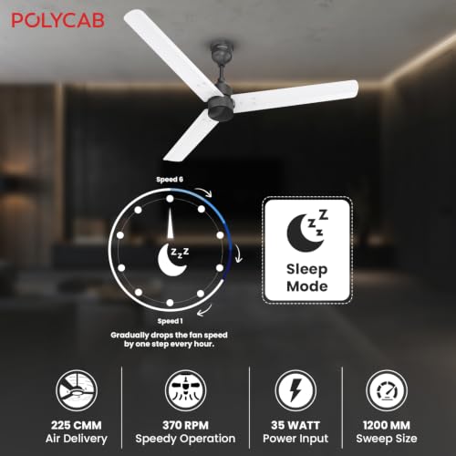Image of Polycab Wizzy Plus 1200mm 5-Star BLDC, Remote Ceiling fan for Living Room| 55% Energy Saving, High Air Delivery | 3+1 yr Warranty【Matt White Black】