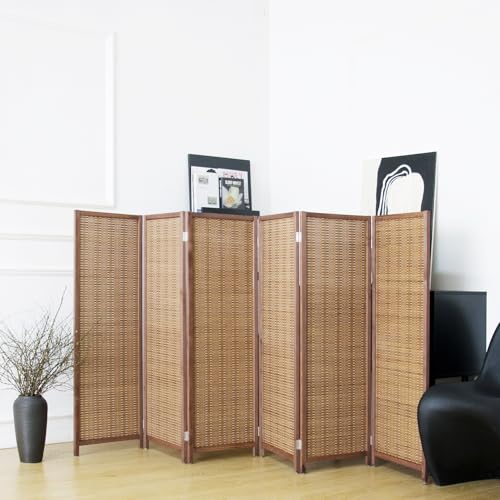6 Panel Short Panel Divider Screen,3.95 FT Tall Bamboo Room Divider Folding Privacy Screen,Short Panel Divider Freestanding Room Divider for Room Seperation,Brown