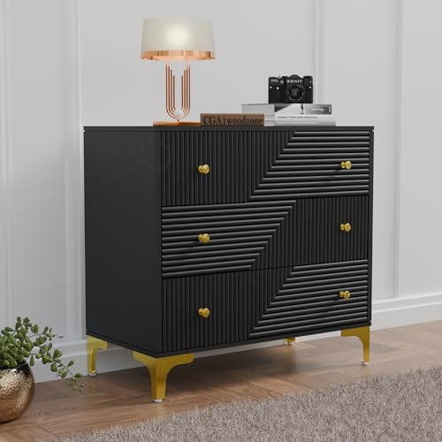 Image of Wooden Chest of Drawers | 3 Drawers Dresser Console Cabinet for Bedroom, Living Room, Drawing Room & Office | Multipurpose Storage Sideboard | HDMR Premium Wood & Iron, Black