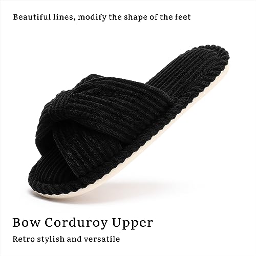 Image of Chantomoo Slippers for Women Memory Foam House Womens Slipper Slides Home Bedroom Bathroom Spa Open Toe Corduroy Bow Slippers Cozy Comfortable