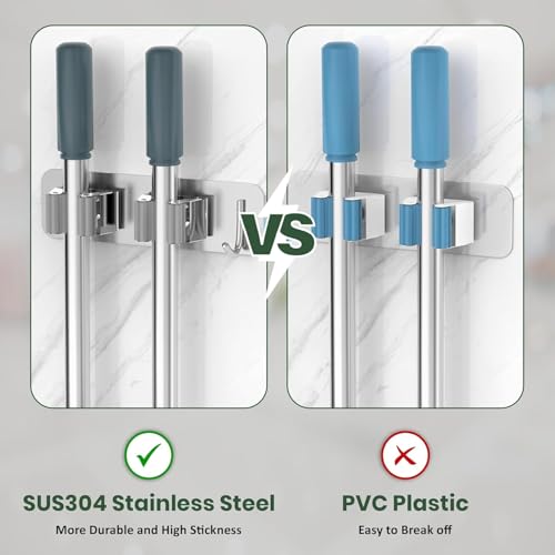 Image of JD FRESH 2 Slot & 1 Hook Stainless Steel Mop & Broom Holder Wall Mount /No Drill Sticky Anti Slip Waterproof Self Adhesive Broom Hanger Stand Organizer for Kitchen, Garden, Office, Garage (Silver)