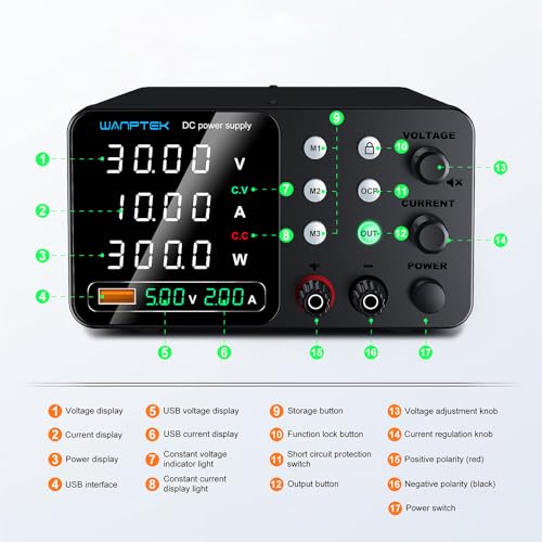 WANPTEK POWER Labornetzteil 30V 10A Labornetzgerät mit 3-Speicher und Sperrschlüssel, Netzgerät Regelbar mit OCP-Schutz/Ausgänge/USB-Schnellladung / 4-stellige LED-Anzeige