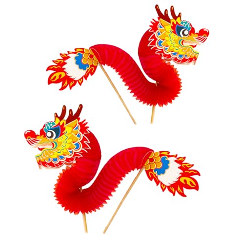Bohue Lot de 2 grandes marionnettes de dragon chinoises en papier sur bâtons – Marionnette dragon en papier 3D pour le Nouvel An chinois – Bricolage extensible Nouvel An Artisanat