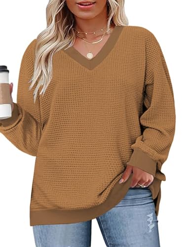 Image of DOLNINE Plus-Size-Tops for Women Casual V Neck Pullover Cute Waffle Knit Lantern Sleeve Sweaters Fashion Side Split Tunics
