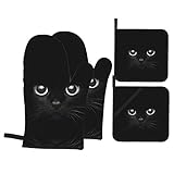 MSGUIDE Cute Black Cat Face Oven Mitts and Pot Holders Sets, Heat Resistant 4 Pcs for Safe BBQ Cooki
