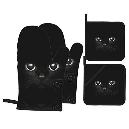 Msguide Cute Black Cat Face Oven Mitts And Pot Holders Sets, Heat Resistant 4 Pcs For Safe Bbq Cooking Baking Grilling #TOP18