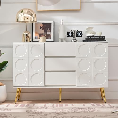 LARFOEK Armario con 3 cajones y 2 puertas, aparador blanco con estantes ajustables y protección antivuelco, aparador para salón, dormitorio, pasillo, 120 x 40 x 78 cm