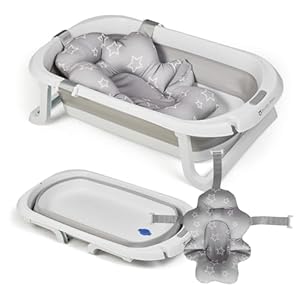 Buddy Baby BebéSplash – Bañera Bebé Plegable Portatil, Diseño Ergonómico, Cojín Antideslizante y Tapa de Seguridad (Gris)