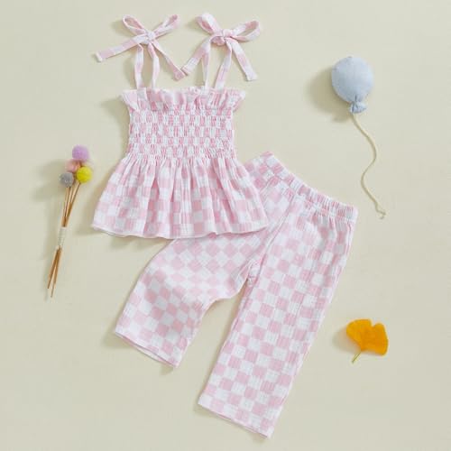 Image of Thorn Tree Toddler Girl Clothes Plaid Printed Sleeveless Pleated Camisole Linen Pants Set Baby Summer Outfits